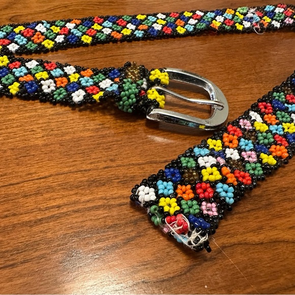 Vintage Handmade Beaded Belt – Black with Rainbow Flowers - Picture 1 of 4